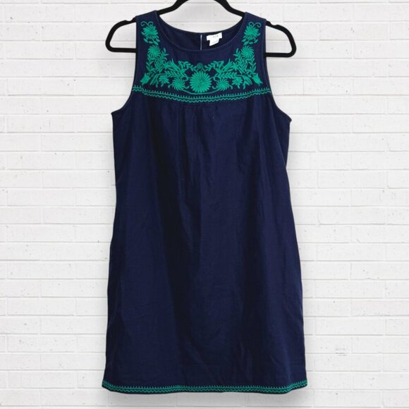 J CREW Factory Navy Blue Green Floral Embroidered Linen Preppy Shift Dress M - Picture 2 of 5